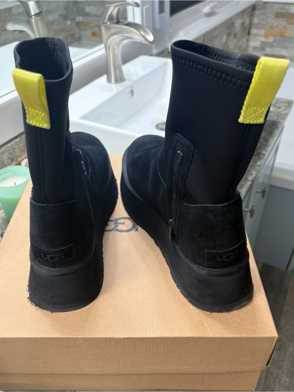UGG women Black Boots with Yellow Pull Tabs